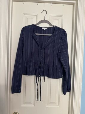 Navy Blue Pinstripe Button-Front Peplum Blouse